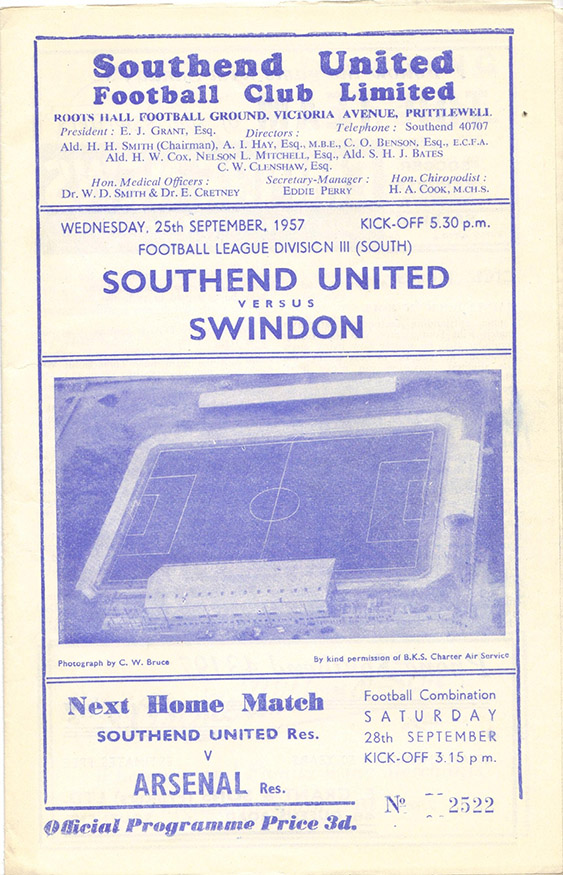 <b>Wednesday, September 25, 1957</b><br />vs. Southend United (Away)